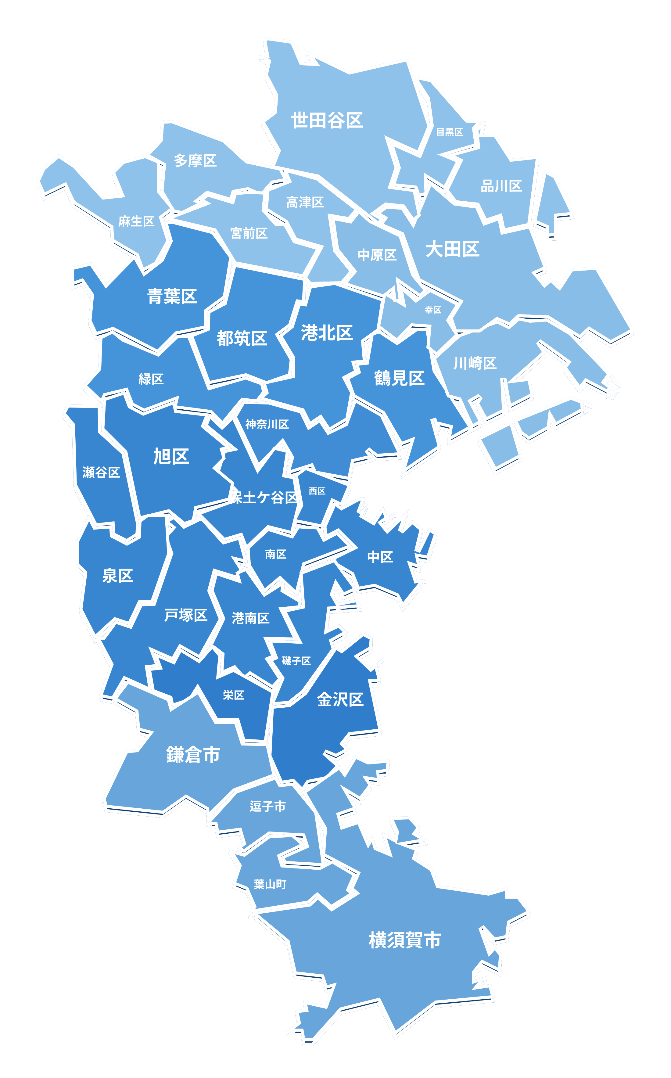 キンドリーホームの対応エリア地図（横浜市・川崎市・東京都南部・三浦半島）